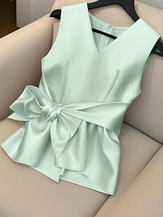 Women's V-Neck Sleeveless Waist Tie Bow Decor Simple Solid Elegant Design Camisole Tank Top