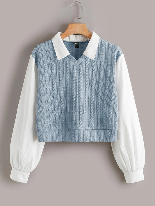 Qutie Contrast Collar Cable Knit 2 In 1 Blouse