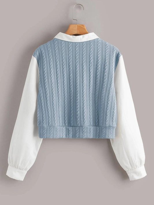 Qutie Contrast Collar Cable Knit 2 In 1 Blouse