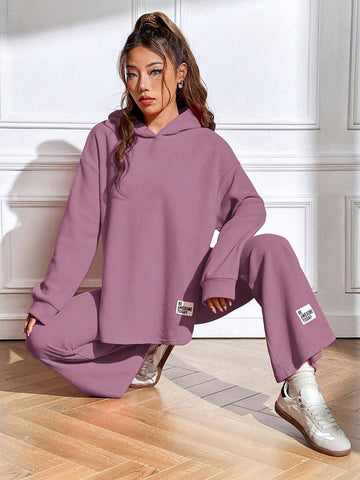 Qutie Letter Patched Drop Shoulder Hoodie & Flare Leg Pants