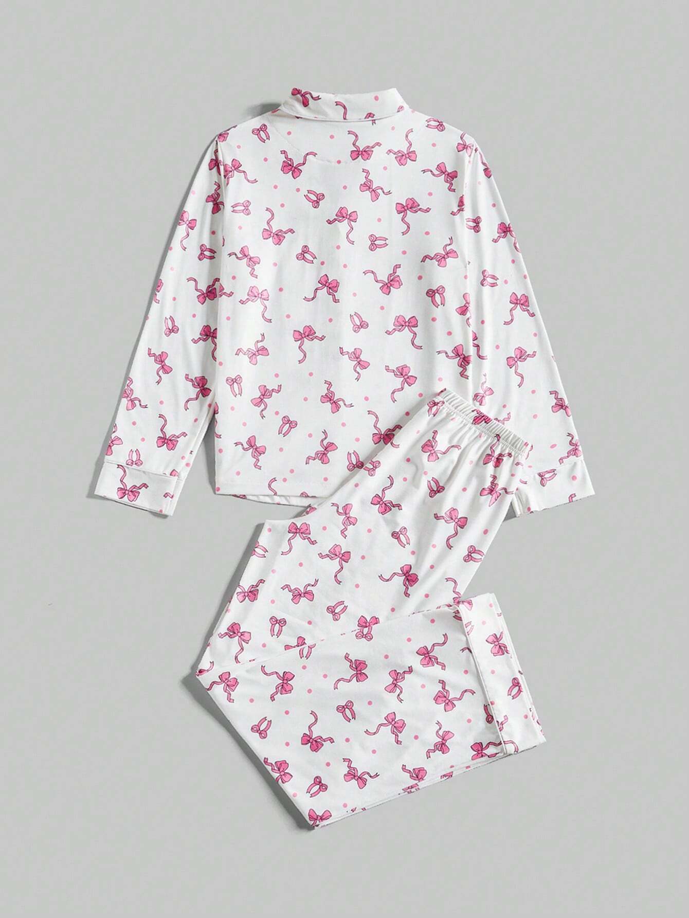 ROMWE Kawaii Bowknot Printed Pajama Set With Bow