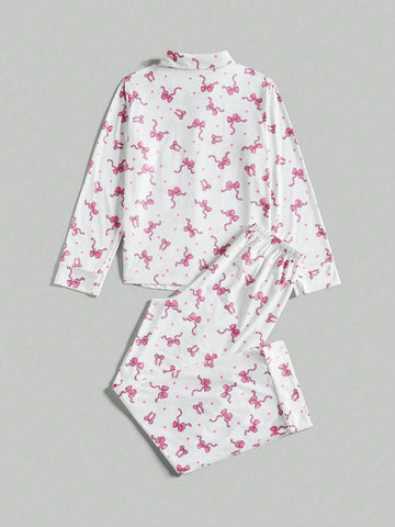 ROMWE Kawaii Bowknot Printed Pajama Set With Bow