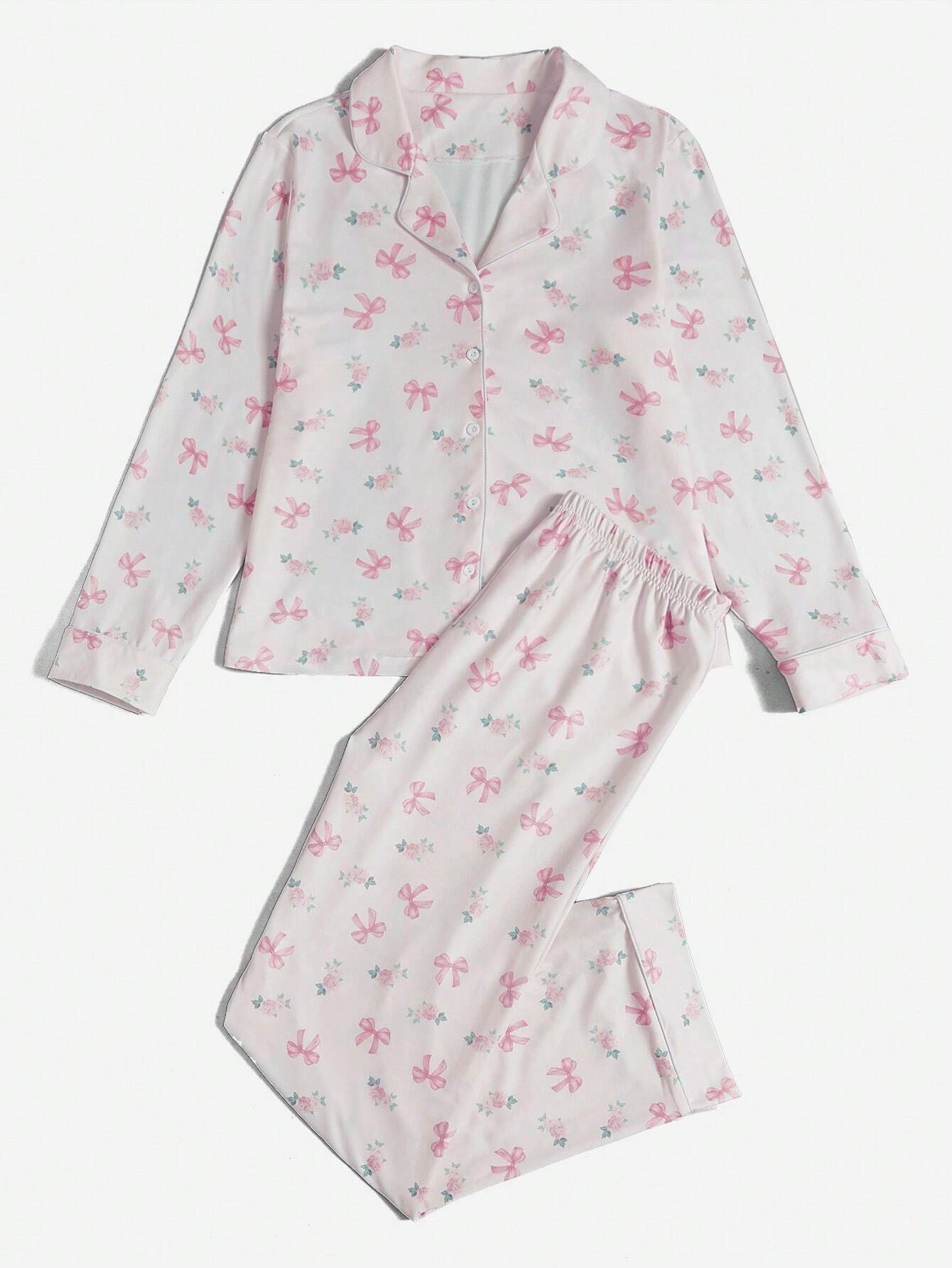 ROMWE Kawaii Bowknot Printed Pajama Set With Bow