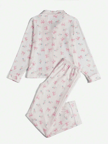 ROMWE Kawaii Bowknot Printed Pajama Set With Bow