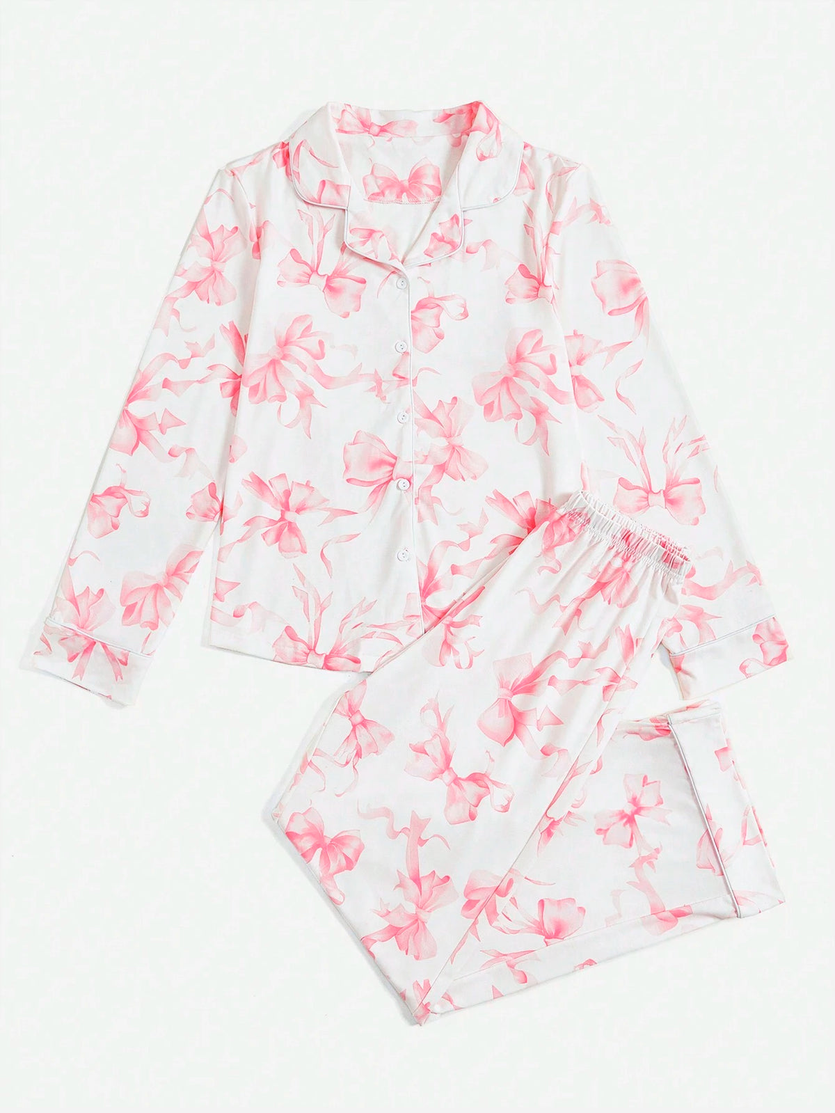 ROMWE Kawaii Bowknot Printed Pajama Set With Bow