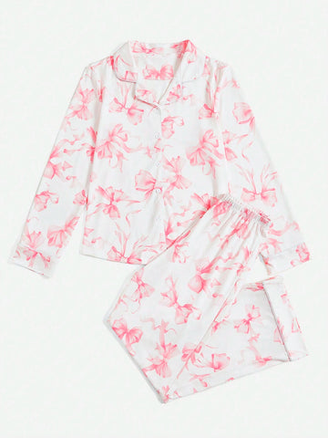 ROMWE Kawaii Bowknot Printed Pajama Set With Bow