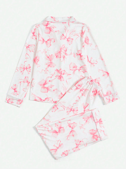 ROMWE Kawaii Bowknot Printed Pajama Set With Bow