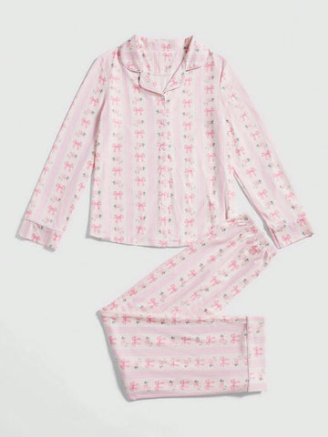 ROMWE Kawaii Bowknot Printed Pajama Set With Bow