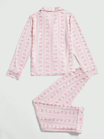 ROMWE Kawaii Bowknot Printed Pajama Set With Bow