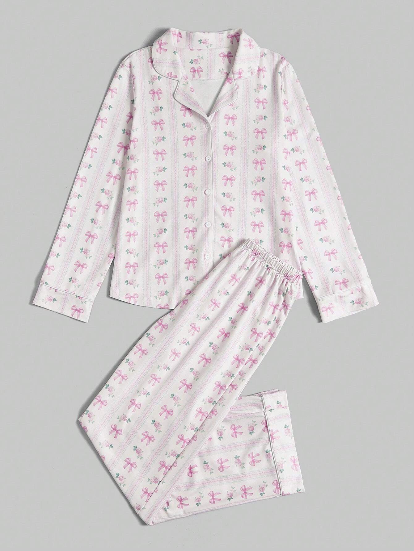 ROMWE Kawaii Bowknot Printed Pajama Set With Bow