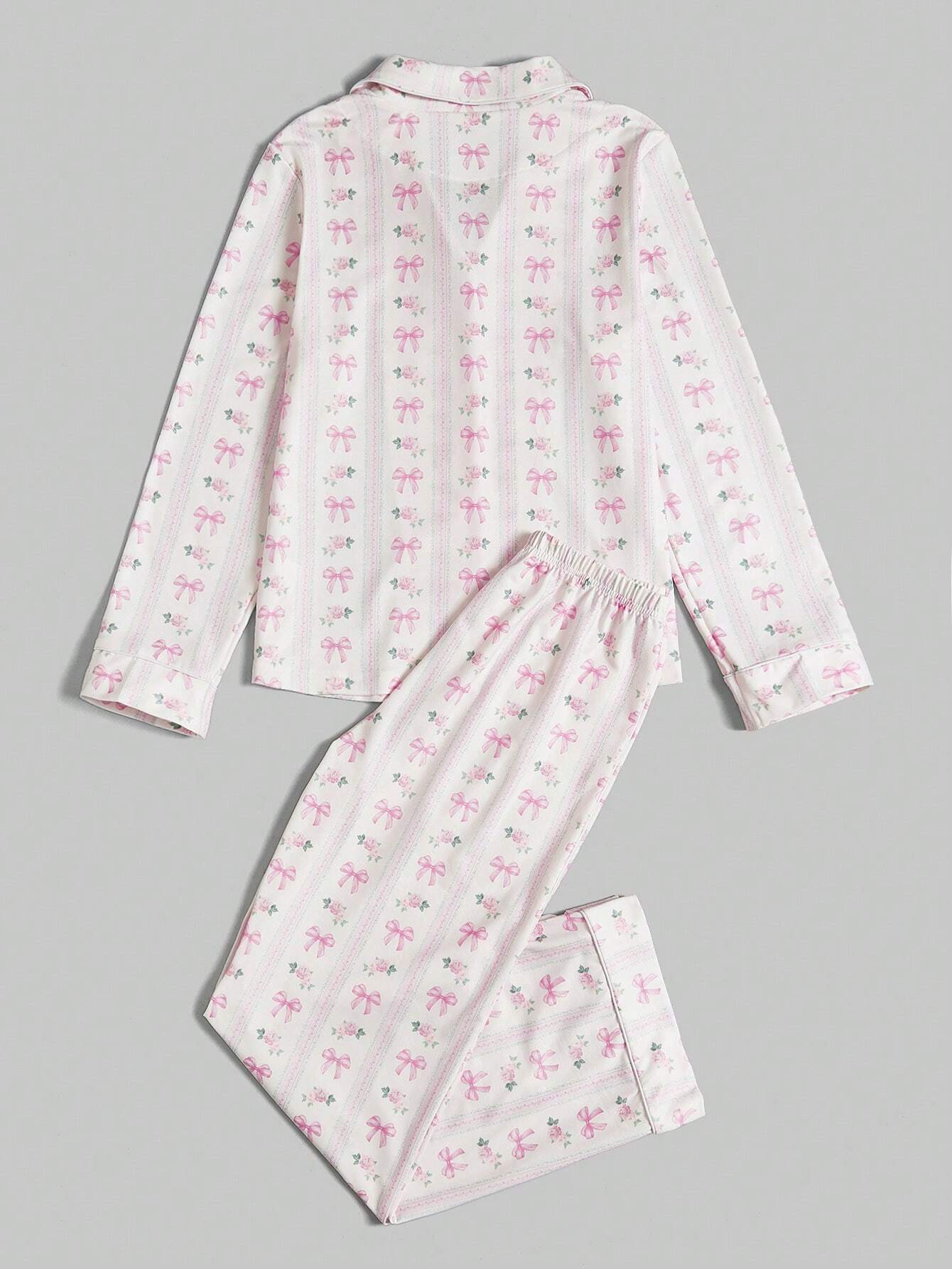 ROMWE Kawaii Bowknot Printed Pajama Set With Bow