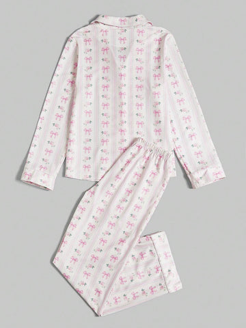 ROMWE Kawaii Bowknot Printed Pajama Set With Bow