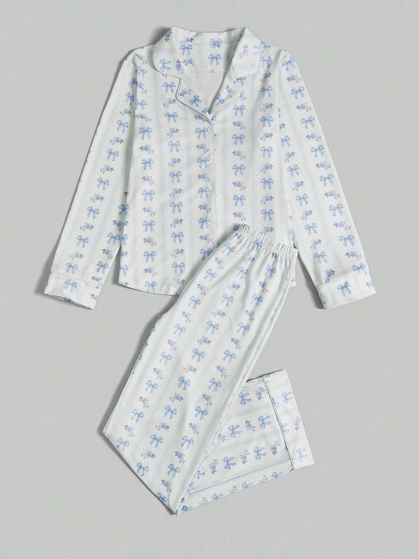 ROMWE Kawaii Bowknot Printed Pajama Set With Bow