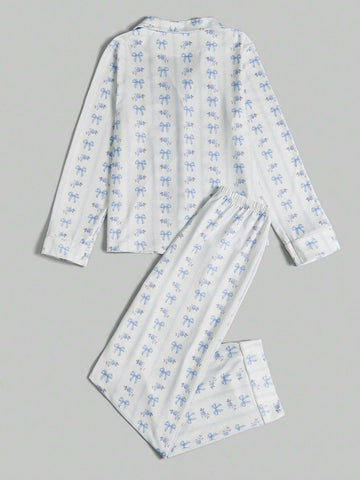 ROMWE Kawaii Bowknot Printed Pajama Set With Bow