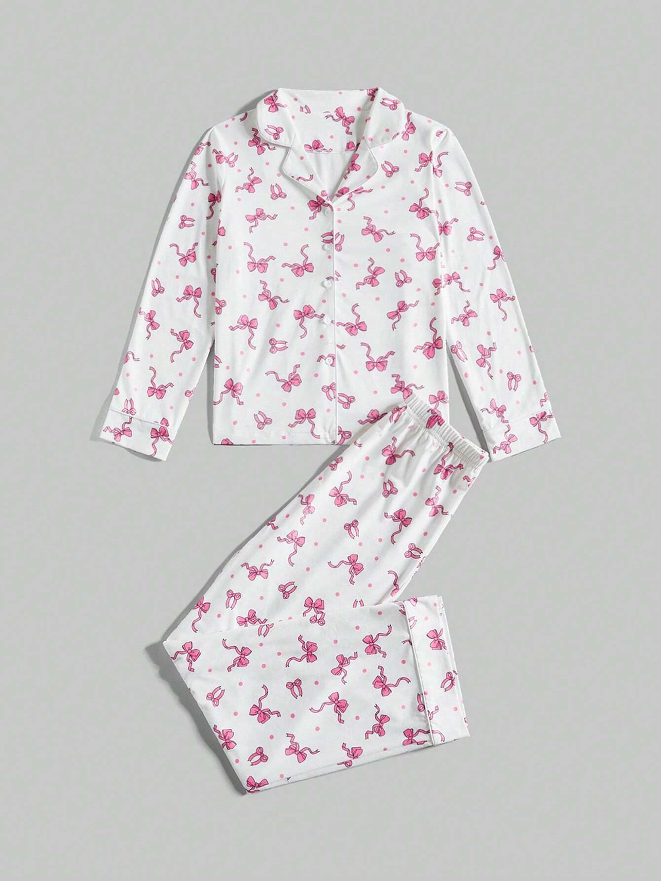 ROMWE Kawaii Bowknot Printed Pajama Set With Bow