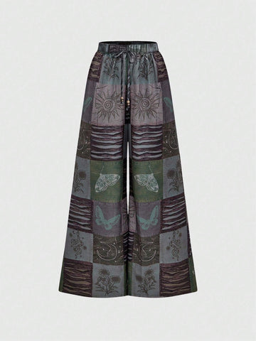 ROMWE Fairycore Boho Style Loose Women's Wide Leg Pants With Star, Moon And Plant