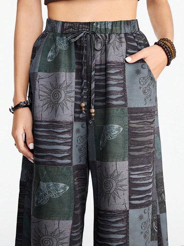 ROMWE Fairycore Boho Style Loose Women's Wide Leg Pants With Star, Moon And Plant