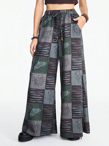 ROMWE Fairycore Boho Style Loose Women's Wide Leg Pants With Star, Moon And Plant