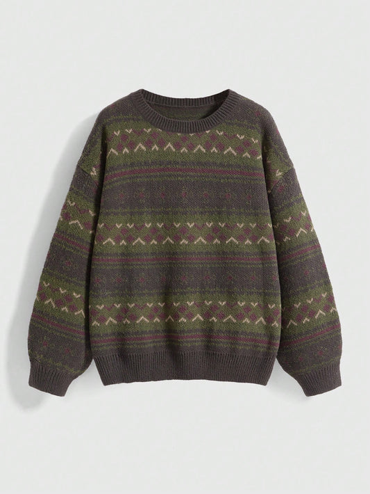 Fairycore Women's Geometric Pattern Round Neck Drop Shoulder Loose Casual Sweater