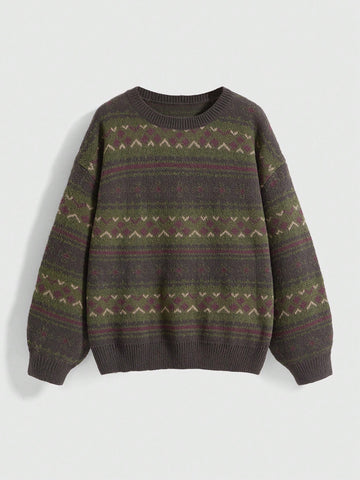 Fairycore Women's Geometric Pattern Round Neck Drop Shoulder Loose Casual Sweater