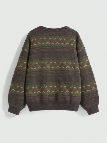 Fairycore Women's Geometric Pattern Round Neck Drop Shoulder Loose Casual Sweater