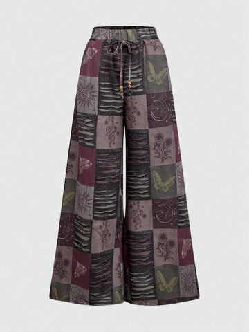ROMWE Fairycore Boho Style Loose Women's Wide Leg Pants With Star, Moon And Plant