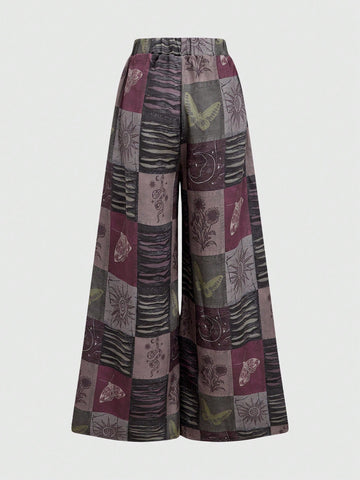 ROMWE Fairycore Boho Style Loose Women's Wide Leg Pants With Star, Moon And Plant