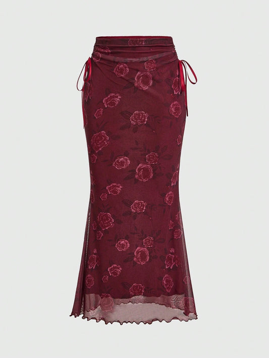 Fairycore Women's Flower Printed Mesh Tulle Skirt