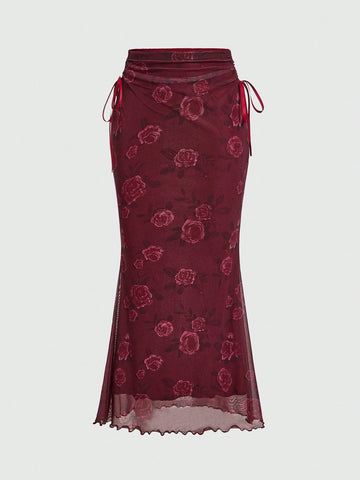 Fairycore Women's Flower Printed Mesh Tulle Skirt