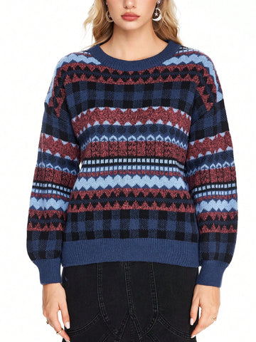 Fairycore Women's Geometric Pattern Round Neck Drop Shoulder Loose Casual Sweater