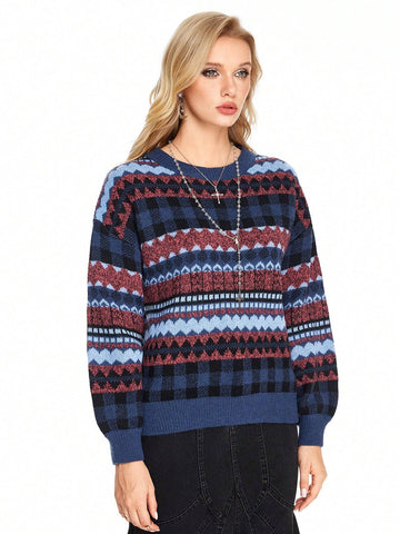 Fairycore Women's Geometric Pattern Round Neck Drop Shoulder Loose Casual Sweater