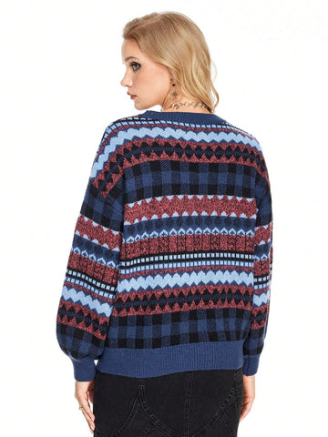 Fairycore Women's Geometric Pattern Round Neck Drop Shoulder Loose Casual Sweater