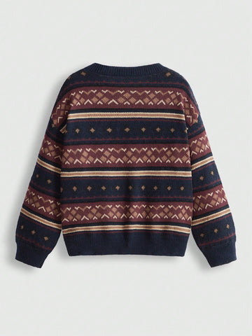 Fairycore Women's Geometric Pattern Round Neck Drop Shoulder Loose Casual Sweater