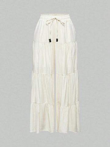 ROMWE Hippie Solid Ruffle Hem Drawstring Waist Pants