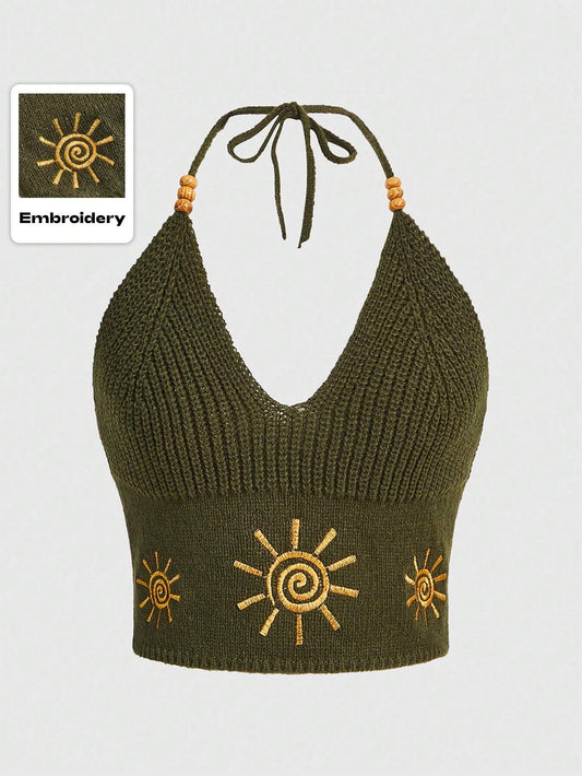 ROMWE Hippie Sun Embroidery Halter Knit Top