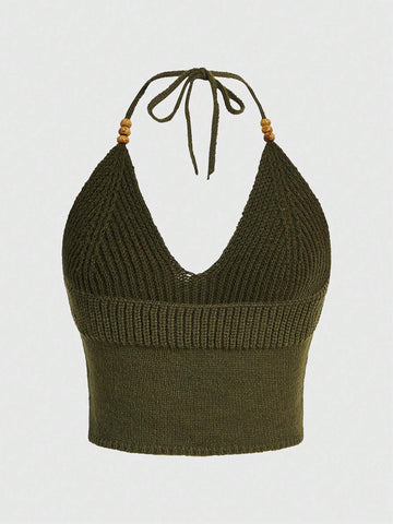 ROMWE Hippie Sun Embroidery Halter Knit Top