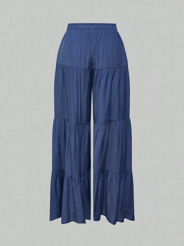 ROMWE Hippie Solid Ruffle Hem Drawstring Waist Pants
