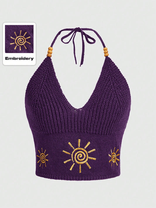 ROMWE Hippie Sun Embroidery Halter Knit Top