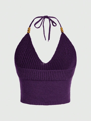 ROMWE Hippie Sun Embroidery Halter Knit Top