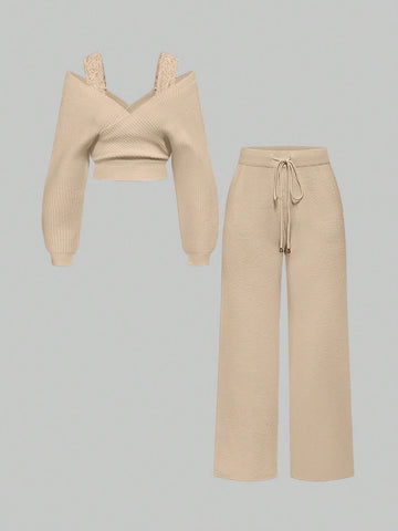 Women's Off-Shoulder V-Neck Lace Strap Loose Wide Leg Pants Knit Sweater Set