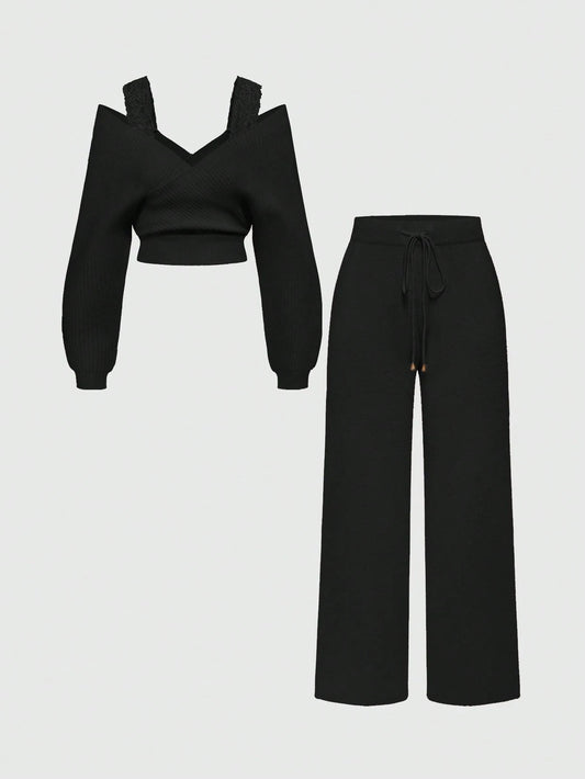 Women's Off-Shoulder V-Neck Lace Strap Loose Wide Leg Pants Knit Sweater Set