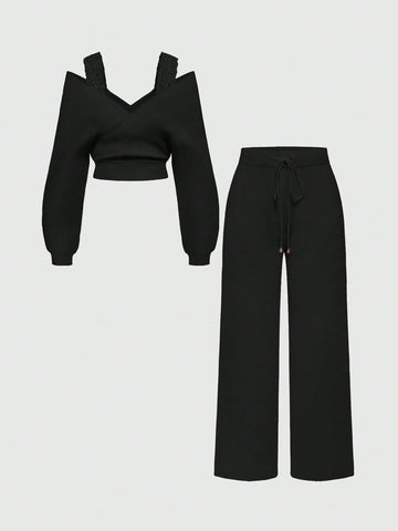 Women's Off-Shoulder V-Neck Lace Strap Loose Wide Leg Pants Knit Sweater Set