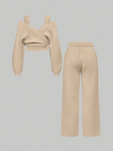 Women's Off-Shoulder V-Neck Lace Strap Loose Wide Leg Pants Knit Sweater Set