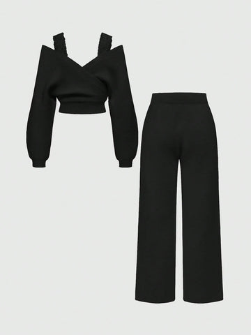 Women's Off-Shoulder V-Neck Lace Strap Loose Wide Leg Pants Knit Sweater Set