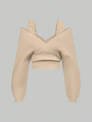 Women's Off-Shoulder V-Neck Lace Strap Loose Wide Leg Pants Knit Sweater Set