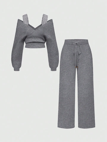 Women's Off-Shoulder V-Neck Lace Strap Loose Wide Leg Pants Knit Sweater Set