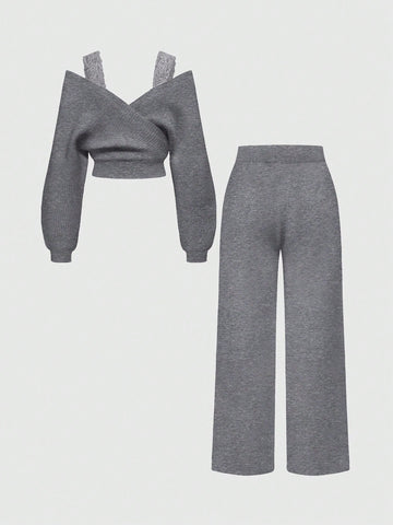 Women's Off-Shoulder V-Neck Lace Strap Loose Wide Leg Pants Knit Sweater Set