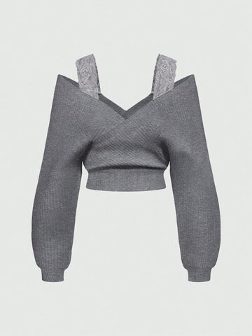 Women's Off-Shoulder V-Neck Lace Strap Loose Wide Leg Pants Knit Sweater Set