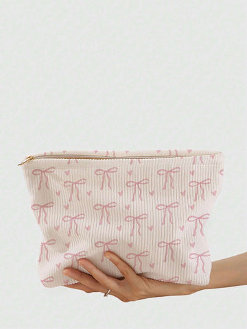 ROMWE Kawaii 1pc Double-Sided Printed Corduroy Makeup Bag With Bowknot Pattern