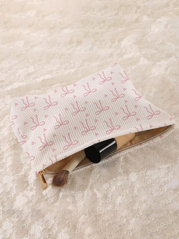 ROMWE Kawaii 1pc Double-Sided Printed Corduroy Makeup Bag With Bowknot Pattern